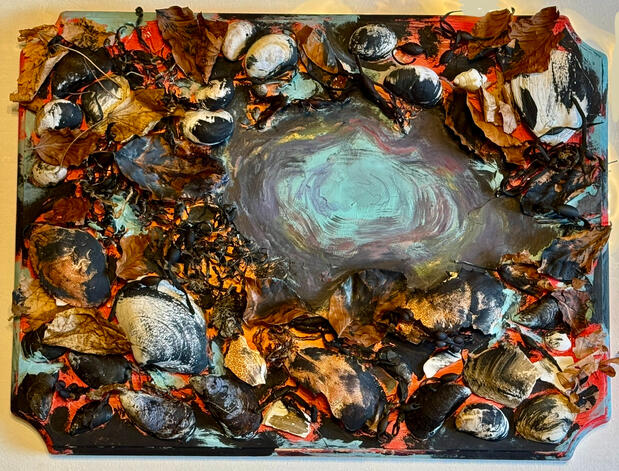 We are Suffocating, 2024, Acrylic and Found Materials, 9"x12"