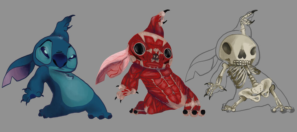 Deskinned Stitch 2022 - Class Project to show anatomy for a cartoon character - Lilo and Stitch